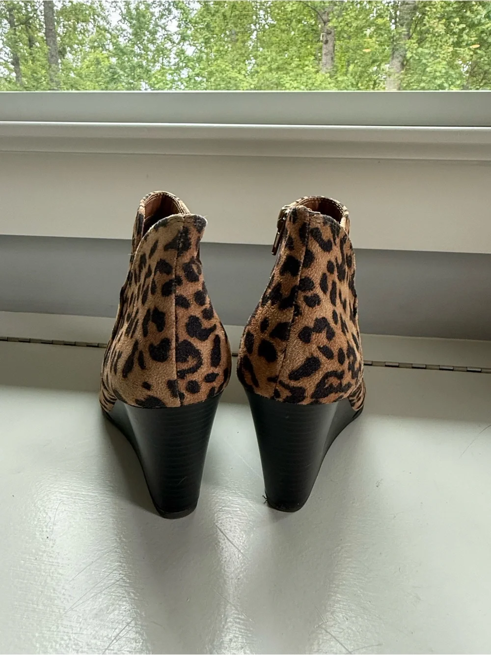 Soda Leopard Print Wedge Booties - Brown/Black Size 6.5